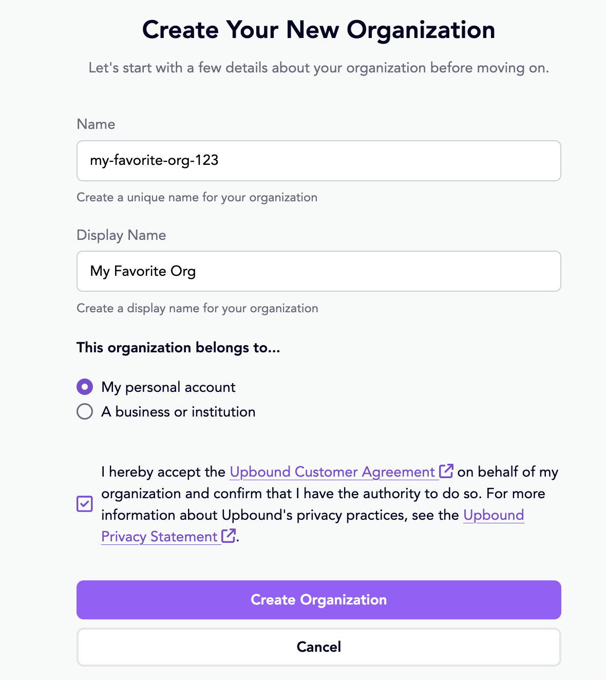 Upbound organization creation form